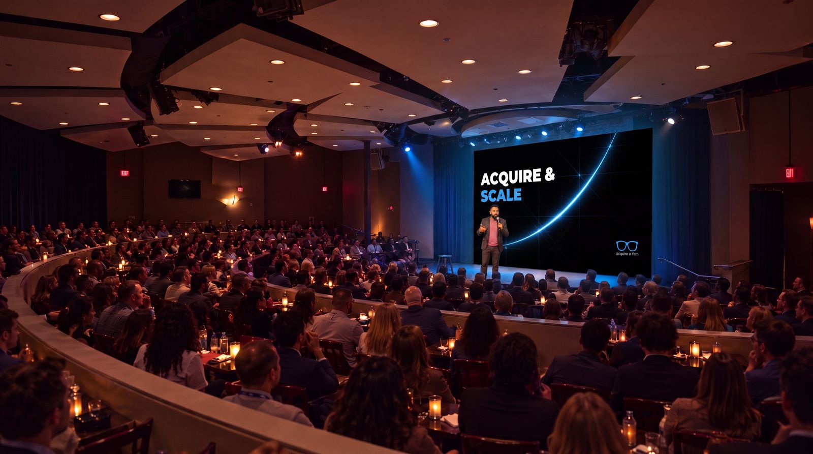 A full room watching a speaker in front of the Acquire and Scale screen